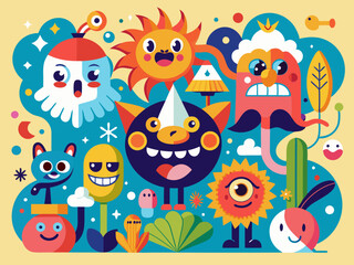 Funny abstract characters. Cartoon comic shape with faces and different emotions. Retro funky strange animal, flower. Amorphous psychedelic character vector set
