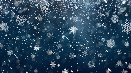Fototapeta premium A blue background with snowflakes falling from the sky. The snowflakes are white and scattered throughout the image.