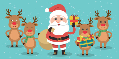 Funny Christmas party for kids: Collection of vector illustrations with Santa Claus, reindeer.