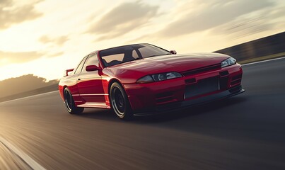 Red Sports Car on the Racetrack at Sunset
