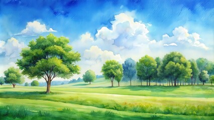 Obraz premium Watercolor painting of a green field landscape with trees and blue sky, watercolor, green, field, landscape, trees