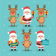 Funny Christmas party for kids: Collection of vector illustrations with Santa Claus, reindeer.