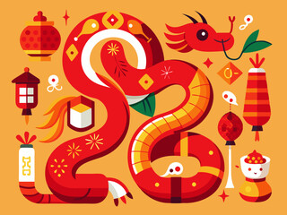 New year red snake. Chinese festive elements. Cartoon red snakes in different poses with Asian symbols. Zodiac horoscope serpent sign 2025. Vector set
