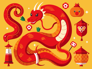 New year red snake. Chinese festive elements. Cartoon red snakes in different poses with Asian symbols. Zodiac horoscope serpent sign 2025. Vector set
