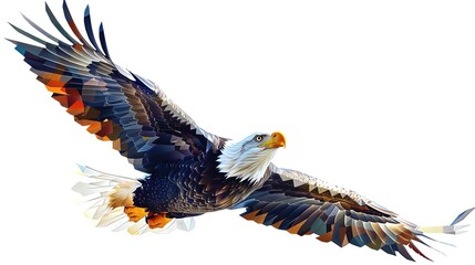 Obraz premium Polygonal bald eagle, midflight, white backdrop, majestic and geometric