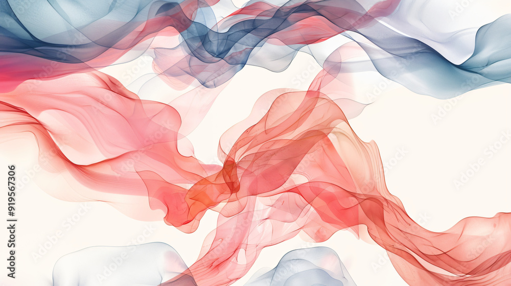 Poster Red and blue transparent waves flowing on a white abstract background