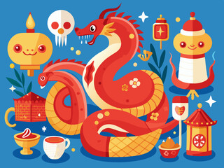 New year red snake. Chinese festive elements. Cartoon red snakes in different poses with Asian symbols. Zodiac horoscope serpent sign 2025. Vector set
