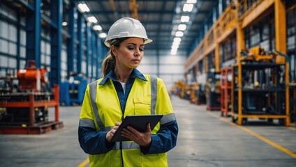 Professional Heavy Industry Engineer Worker Wearing Safety Uniform and Hard Hat, Using Tablet Computer. Serious Successful Female Industrial Specialist Walking in a Metal Manufacture Warehouse