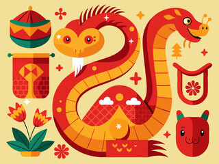 New year red snake. Chinese festive elements. Cartoon red snakes in different poses with Asian symbols. Zodiac horoscope serpent sign 2025. Vector set
