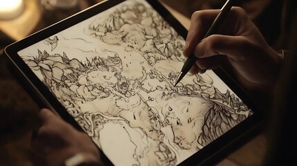 Artist Focused on Creating a Detailed Pencil Sketch at a Well-Lit Studio Workstation hand painting