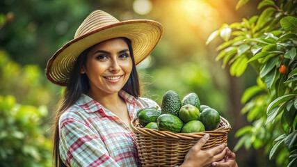 Beautiful mexican young woman in a hat holding basket with avocado against blurred sunny garden background.