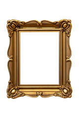 Small empty blank gold decorative vertical painting frame on a museum wall, copy space middle cut out, template, mockup. Art exhibition framing golden old fashioned classical ornament style design