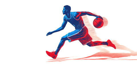 Illustration of a basketball player running in action on a white background. The colors red and blue represent the American flag. A black male basketball player in action