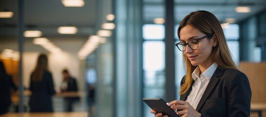 Professional, woman and tablet with mobile phone at a company is typing a conversation on the internet. Female person, business and communication with tech for entrepreneurship at the office