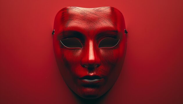 Shiny red mask on red background, dramatic lighting, front view, sleek and mysterious, minimal design
