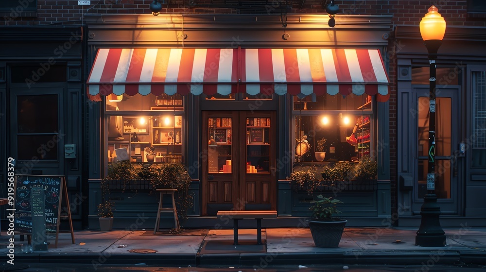 Wall mural Small shop, red and white awnings, cozy storefront, bright lighting