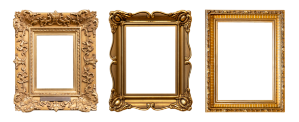 Set of three different empty blank old fashioned gold painting frames antique fancy ornamental cut out stylish vertical golden picture photo frames isolated on white background, objects top front view