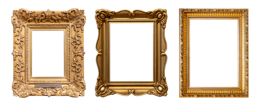 Set of three different empty blank old fashioned gold painting frames antique fancy ornamental cut out stylish vertical golden picture photo frames isolated on white background, objects top front view