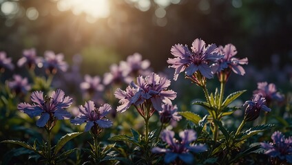 Obraz premium Purple flowers in bloom in the morning. Creative banner. Copyspace image