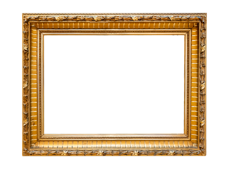 Small empty blank gold gilded decorative art painting frame, isolated, copy space middle cut out, template. Art exhibition gallery museum picture framing golden old fashioned classical style design