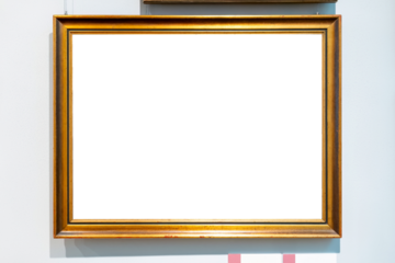 Plain simple middle size blank empty gold painting frame, hanging on a art museum gallery wall, middle cut out, rectangle picture copy space template mockup. Object front view, frontal shot, no people