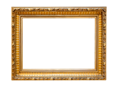 Small empty blank gold gilded decorative art painting frame, isolated, copy space middle cut out, template. Art exhibition gallery museum picture framing golden old fashioned classical style design
