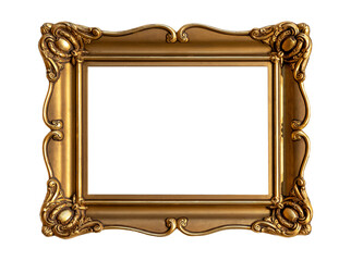 Simple empty blank gold decorative horizontal painting frame on a museum wall, copy space middle...