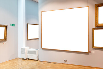 Museum interior blank cut out paintings on the walls, one empty large size painting frame simple template, mockup, copy space nobody. Art exhibition, gallery building interior concept, no people