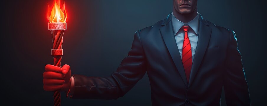 A man in a suit holds a flaming torch in his hand. The image is dark and mysterious, and could be interpreted as a symbol of power, leadership, or hope.