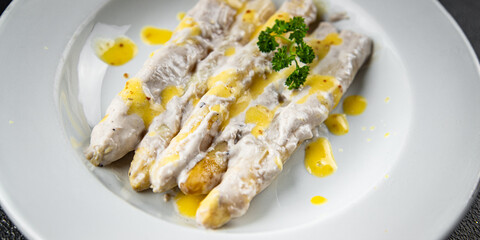 white asparagus in cream sauce fresh meal food snack on the table copy space food background rustic top view