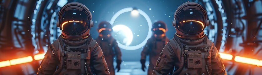  Four astronauts facing bright space portal, scifi lighting