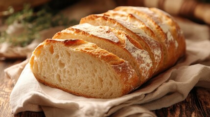 Naklejka premium Rustic Artisanal Sliced Bread Loaf on Cloth Napkin with Natural Textures on Wooden Background, Warm Tones Bakery Concept