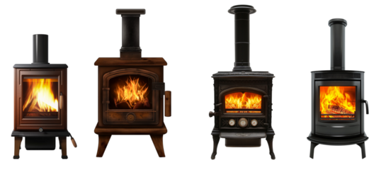 Elegant and modern Black Wood Burning Stove with fire isolated on white or transparent background png. Best Home Decor and Lifestyle