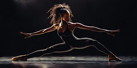 Young African American woman dancer performing graceful moves on stage