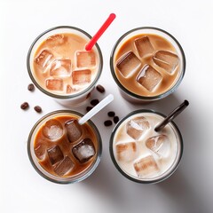 refreshing iced latte coffee drinks with ice cubes and straws top view on white background