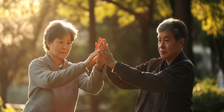 Older Asian couple practicing tai chi together in park