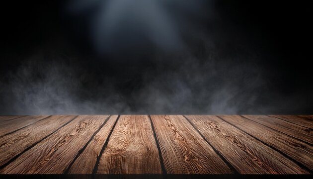 rustic wooden table shrouded in mysterious fog perfect for product display moody lighting and dark background create an air of intrigue and sophistication