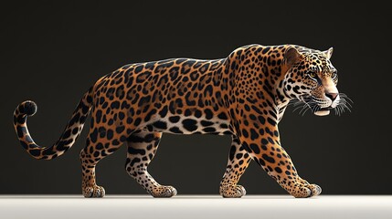 Fototapeta premium A jaguar walks confidently across a white surface, its spotted coat blending with the shadows.