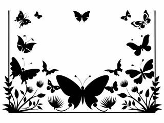 utterfly border. Seamless horizontal butterflies frame, flying moths black silhouettes group. Cute exotic insect flock. Vector isolated element
