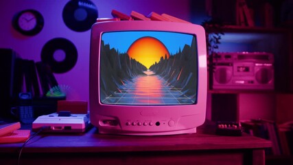Retro TV with chroma key green screen, Old television studio close-up, Desktop vintage retro wave display, late 90s PC mock up for 3d motion design and advertising. 