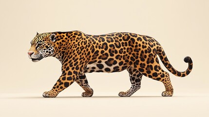 Fototapeta premium A jaguar walks with a powerful stride, showcasing its spotted coat and muscular physique.