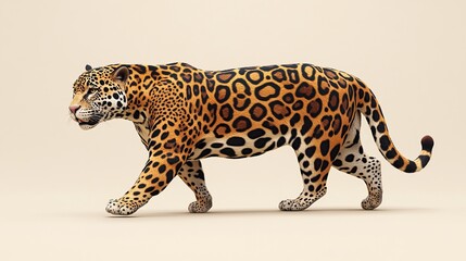 Fototapeta premium A jaguar walks with a spotted coat against a beige background.