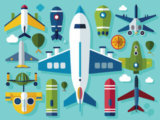 Airplane icons. Aircraft silhouettes flying jet, motor plane and drone military and commercial aviation pictogram. Aeroplane top view, air vehicles vector set
