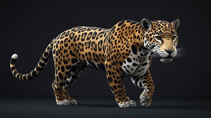 Fototapeta premium A jaguar with black and yellow spots, stands on a black background.