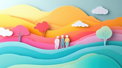 Old People Aging Well in Paper Cut Style Illustration