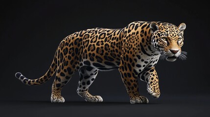Obraz premium A jaguar with a spotted coat walks on a black background.