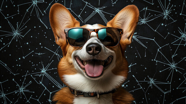 Happy Dog Wearing Sunglasses Against a Starry Sky Background.