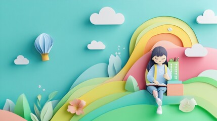 Student in School, Back to School in Paper Cut Style Illustration