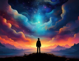 Fototapeta premium silhouette of solitary figure gazing at surreal luminous sky spiritual contemplative mood dreamlike landscape