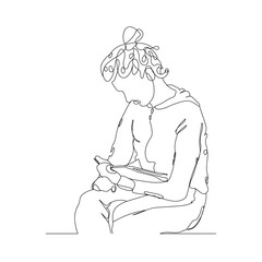 dessin en ligne continue d'une jeune femme lisant un livre, line art, vecteur